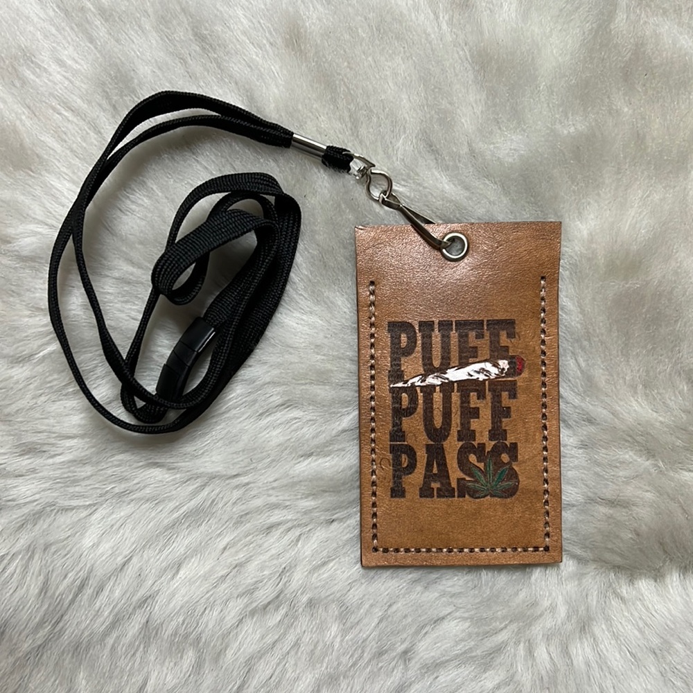 Brown Leather Lanyard with Puff Puff Pass Design